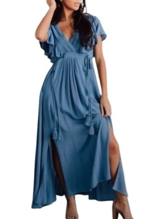 Baltic Born Dresses & Skirts - Baltic Born Jennifer Blue Maxi Dress Womens Sz S Deep V Flutter Sleeve Lace Slit
